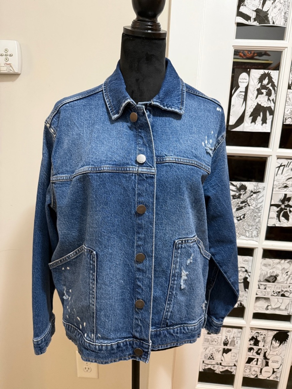 a.n.a. Women’s Distressed Blue Denim Jacket with Paint-Splatter Detail - Picture 6 of 10